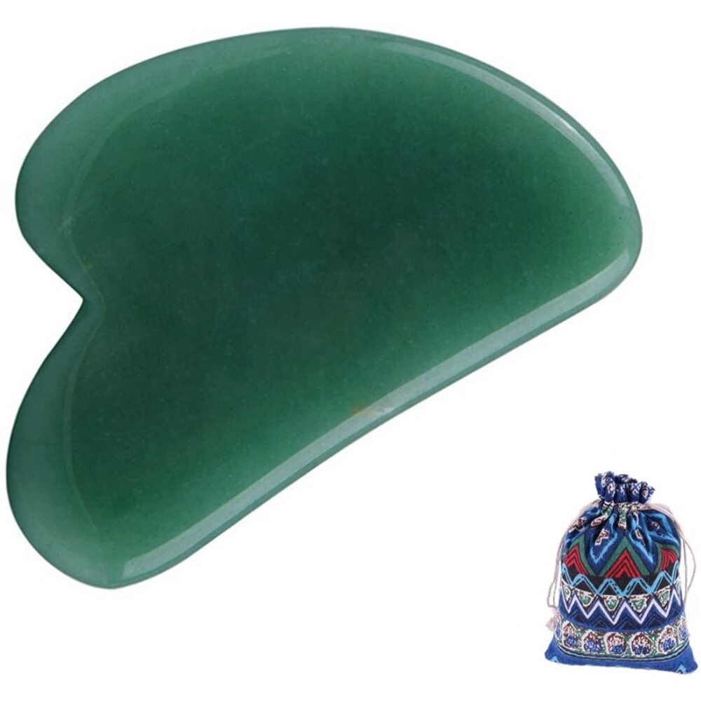 Gua Sha Facial Tool, Natural Jade Roller Stone Message Tool w/Carry Pouch, GREEN